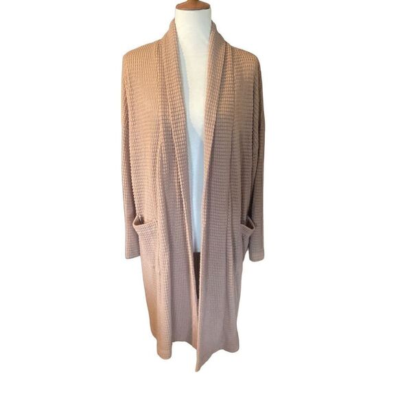 CY Fashion Tan Waffle Knit Long Open Cardigan Size Large-NWT - Picture 2 of 10